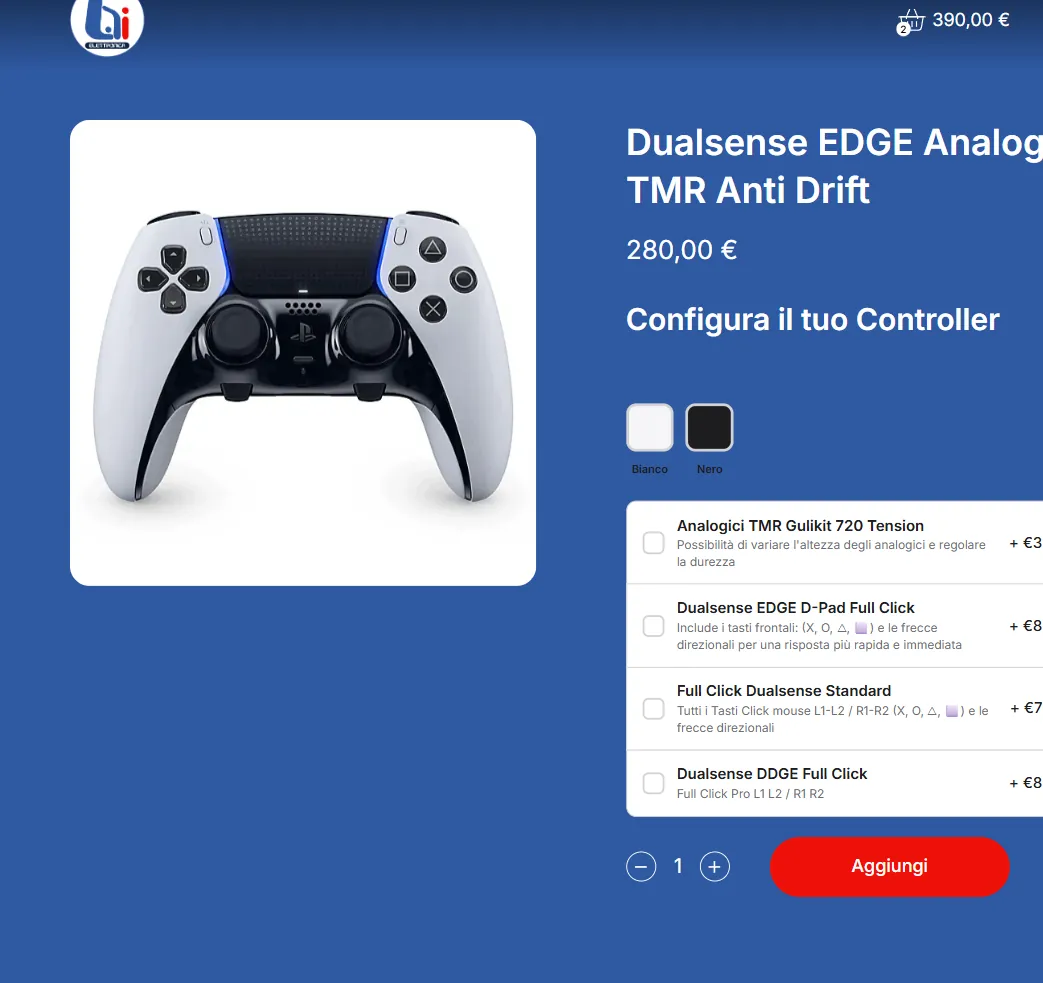 Pagina prodotto di un controller da gioco: scelta del colore, elenco delle modifiche col sovrapprezzo di ciascuna e il totale che si aggiorna nel carrello