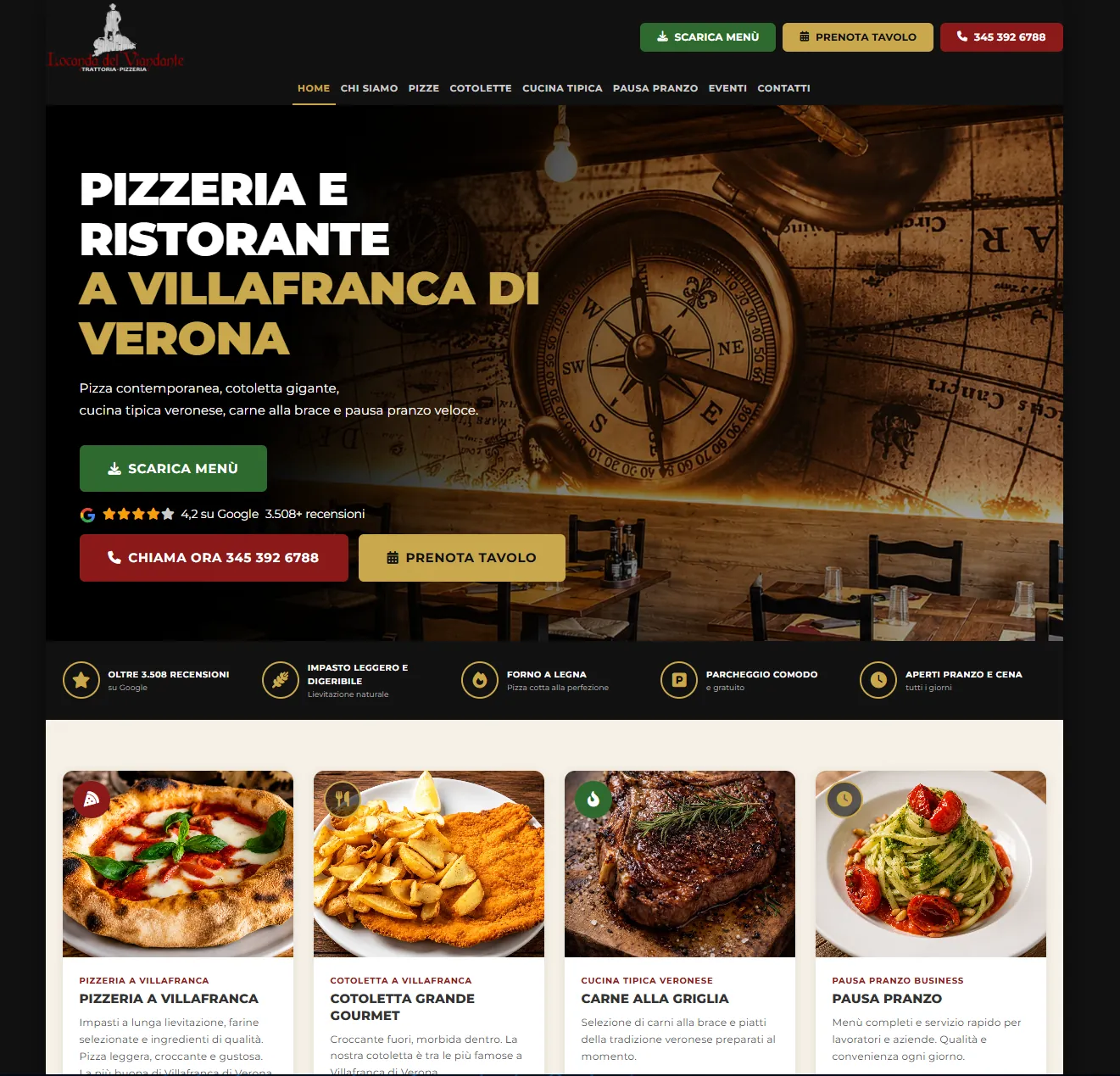 La home di un sito di ristorante: il piatto forte in evidenza, le recensioni di Google, i pulsanti per scaricare il men&ugrave;, prenotare il tavolo e chiamare