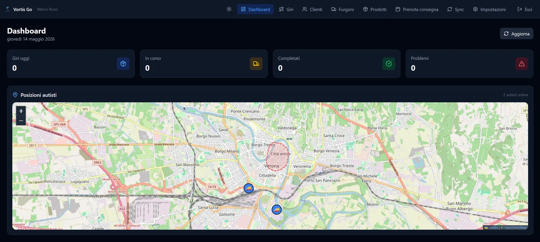 Il quadro dei giri di consegna: giri di oggi, in corso, completati e con problemi, e la mappa con la posizione dei furgoni in quel momento