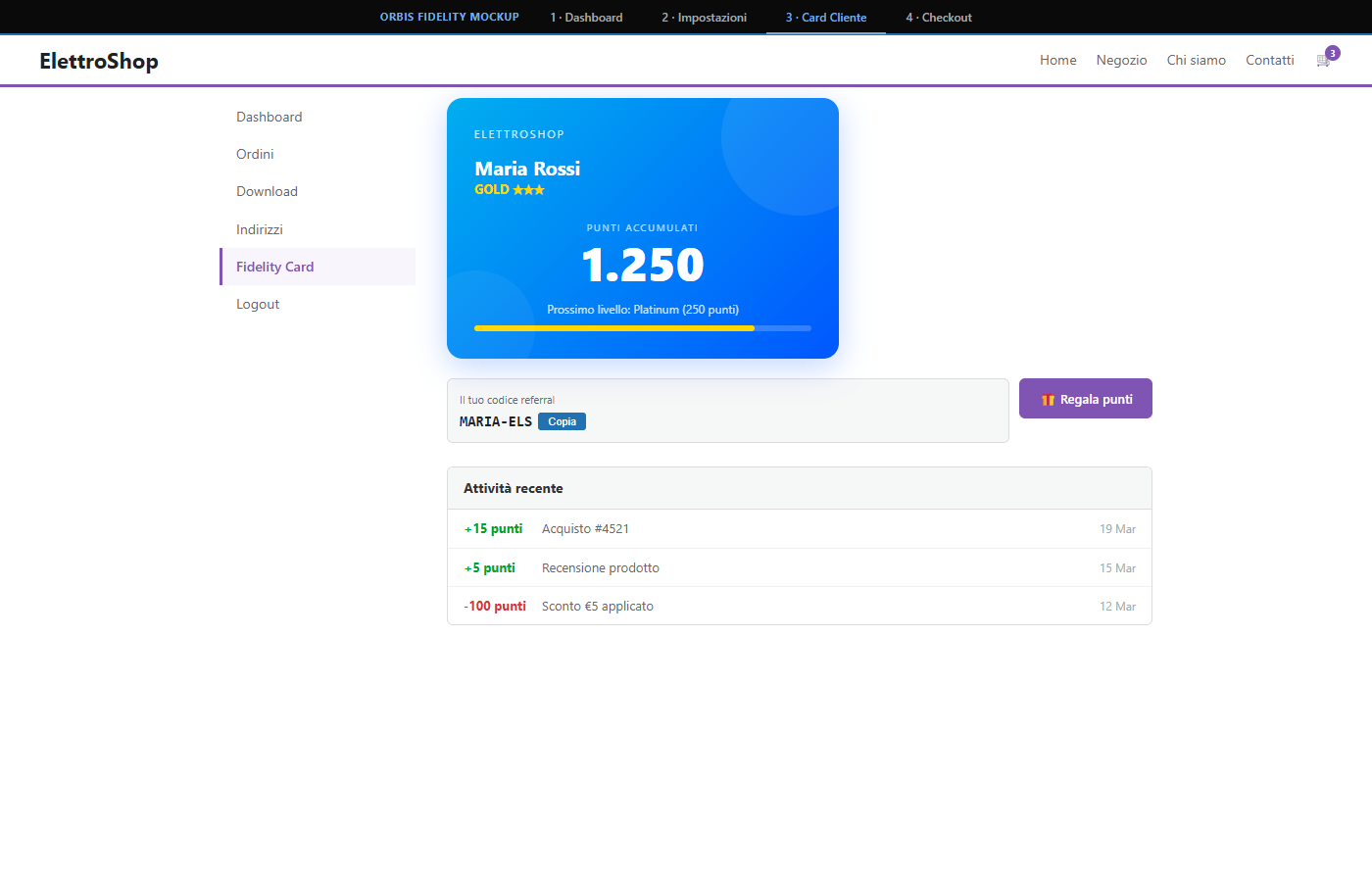 Card cliente - livello Gold, punti e attivita