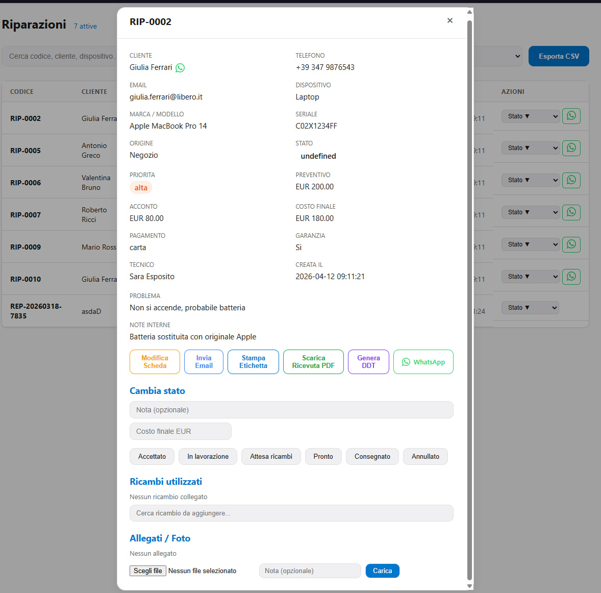 Scheda di dettaglio completa con azioni integrate
